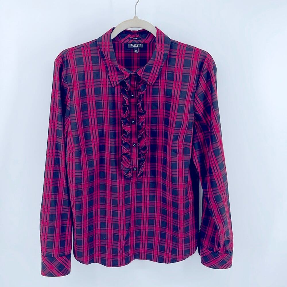 Talbots Stretch tartan buffalo plaid 1/2 button up ruffle long sleeve shirt 14